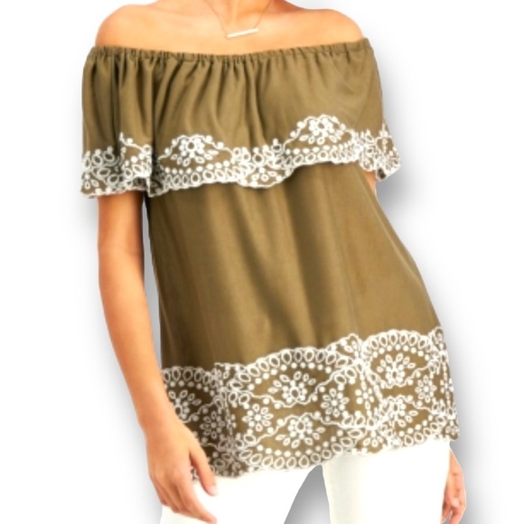 FEVER Embroidered Off-the-shoulder Top In Olive - Picture 3 of 6